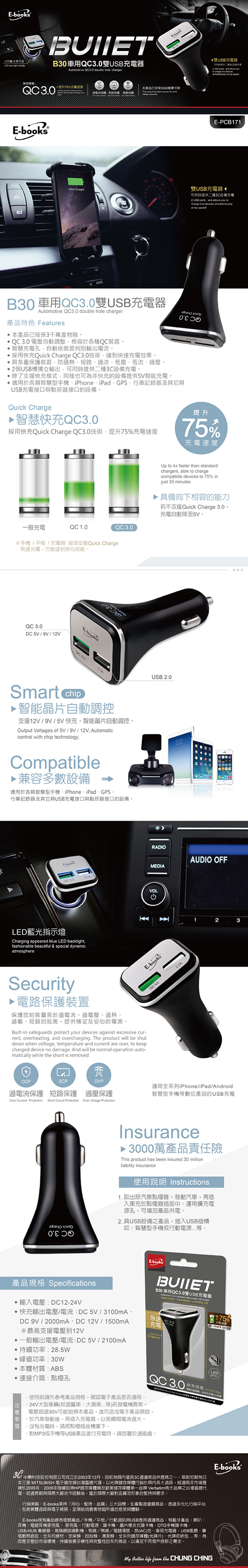 E Books 0 車用qc3 0雙usb充電器 E Books 0 車用qc3 0雙usb充電器