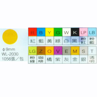 【文具通】華麗牌 WL-2030 彩色圓點標籤/圓形貼紙 黃 ø9mm 1056入